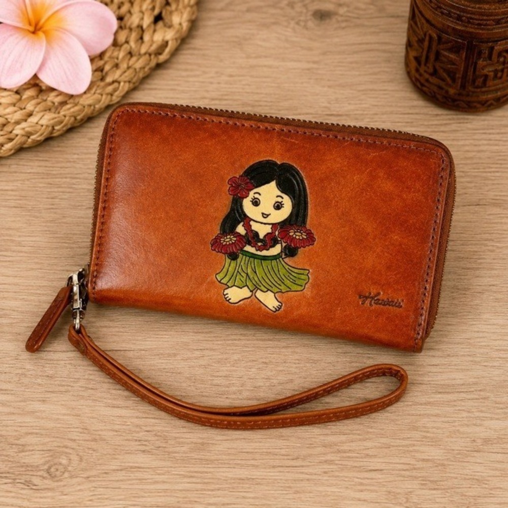 Hawaiian Hula Girl Leather Wristlet Wallet Brown Hawaii Tropical‎ Zip